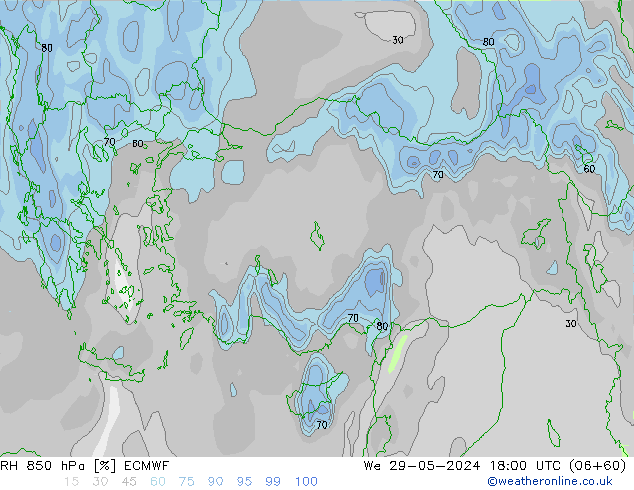 RH 850 hPa ECMWF We 29.05.2024 18 UTC