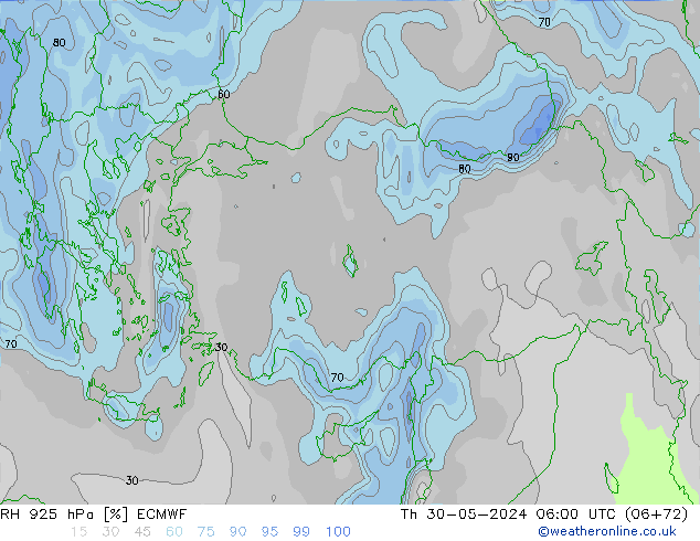 Humedad rel. 925hPa ECMWF jue 30.05.2024 06 UTC