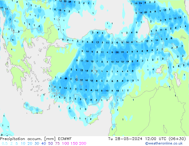 Precipitation accum. ECMWF Tu 28.05.2024 12 UTC