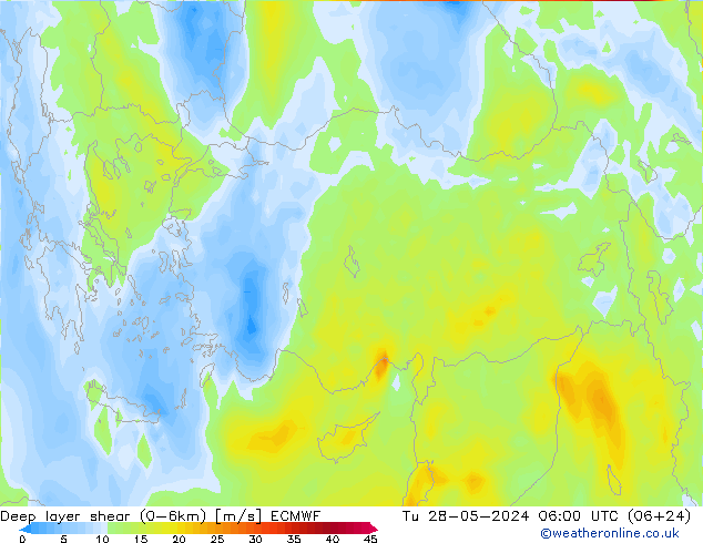 Deep layer shear (0-6km) ECMWF  28.05.2024 06 UTC