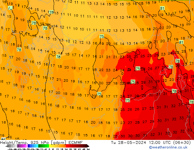 Height/Temp. 925 hPa ECMWF Út 28.05.2024 12 UTC