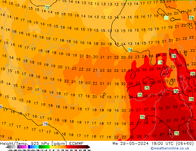 Height/Temp. 925 hPa ECMWF We 29.05.2024 18 UTC