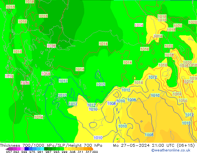 Thck 700-1000 hPa ECMWF lun 27.05.2024 21 UTC