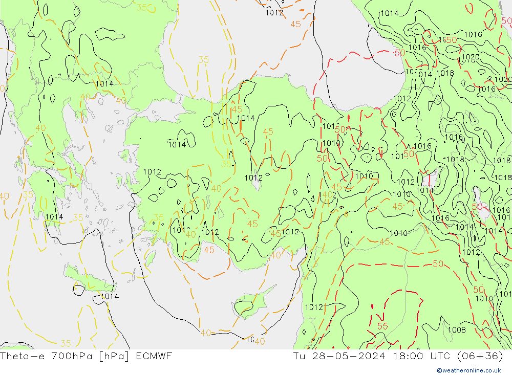 Theta-e 700hPa ECMWF Tu 28.05.2024 18 UTC