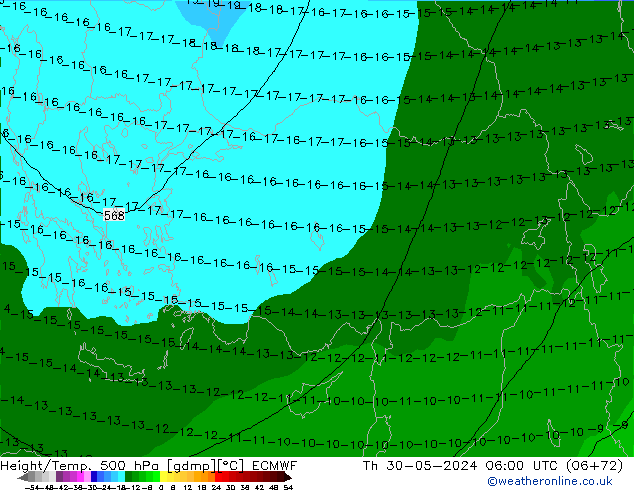 Z500/Rain (+SLP)/Z850 ECMWF Th 30.05.2024 06 UTC