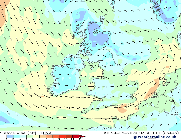 Surface wind (bft) ECMWF We 29.05.2024 03 UTC