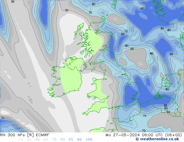 RH 300 гПа ECMWF пн 27.05.2024 06 UTC