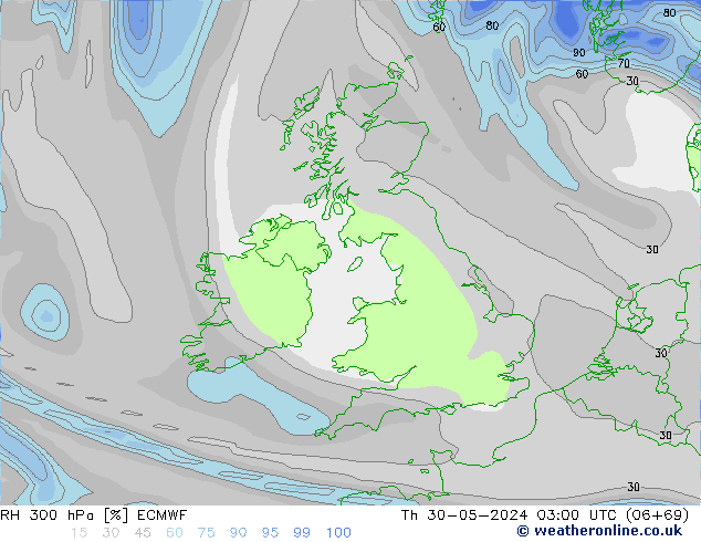 RH 300 hPa ECMWF gio 30.05.2024 03 UTC