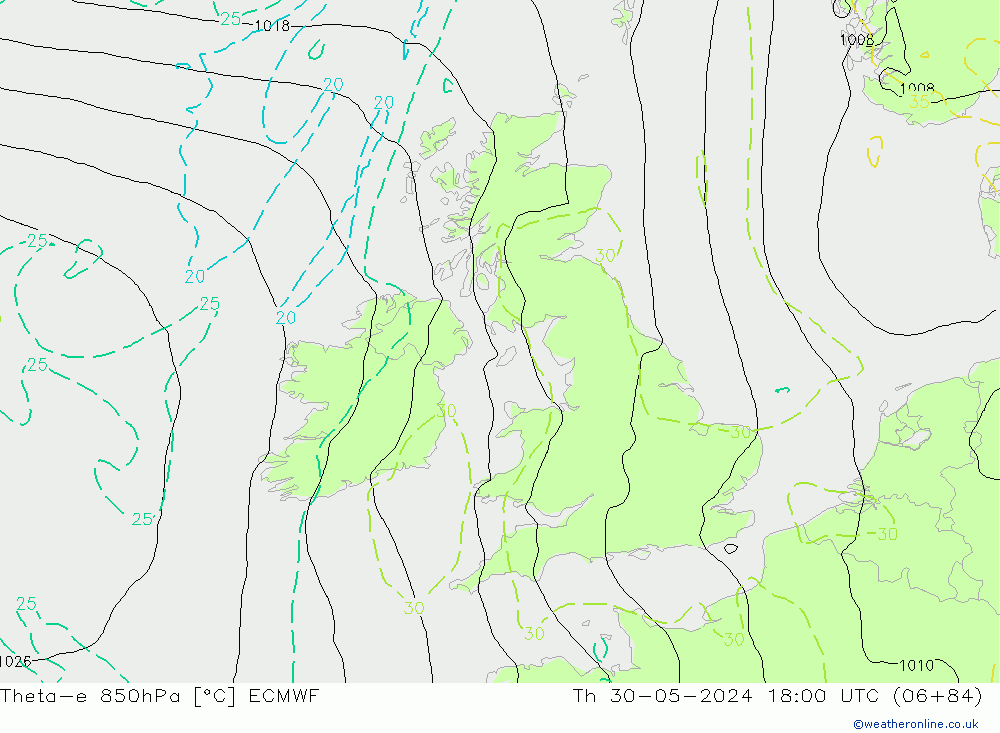 Theta-e 850hPa ECMWF jeu 30.05.2024 18 UTC