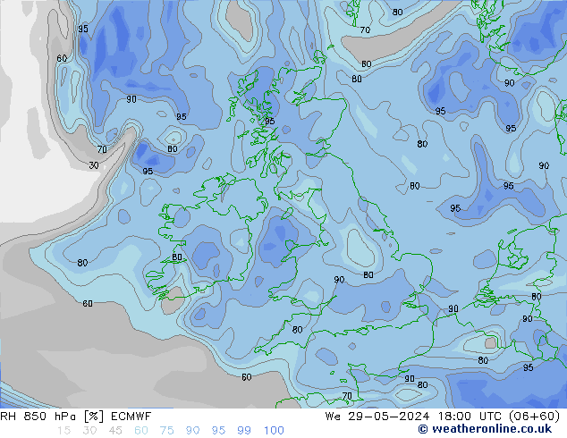 Humedad rel. 850hPa ECMWF mié 29.05.2024 18 UTC