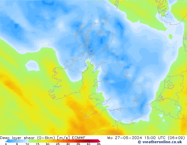 Deep layer shear (0-6km) ECMWF Mo 27.05.2024 15 UTC