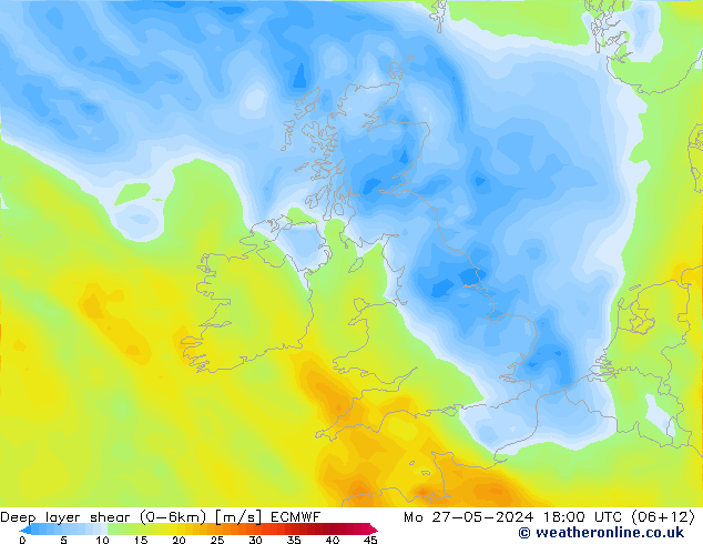 Deep layer shear (0-6km) ECMWF lun 27.05.2024 18 UTC