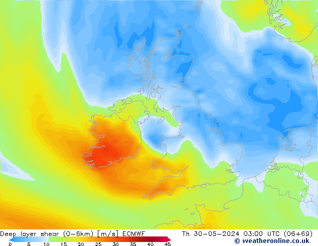 Deep layer shear (0-6km) ECMWF gio 30.05.2024 03 UTC