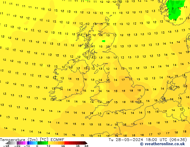 Temperature (2m) ECMWF Tu 28.05.2024 18 UTC