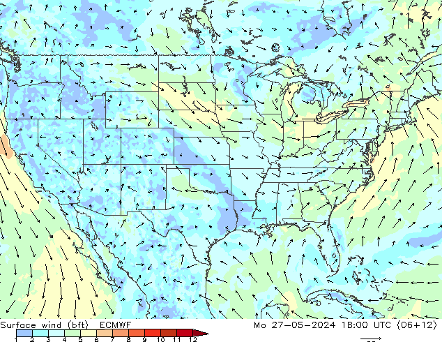 Viento 10 m (bft) ECMWF lun 27.05.2024 18 UTC