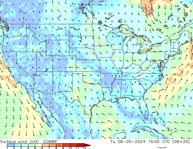 wiatr 10 m (bft) ECMWF wto. 28.05.2024 15 UTC