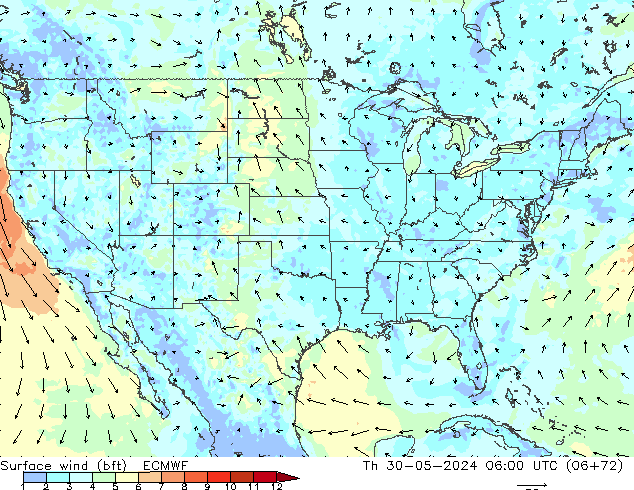 Bodenwind (bft) ECMWF Do 30.05.2024 06 UTC