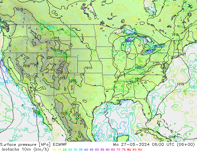 Isotachs (kph) ECMWF lun 27.05.2024 06 UTC