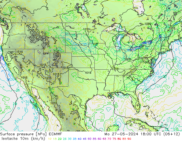 Isotachen (km/h) ECMWF Mo 27.05.2024 18 UTC