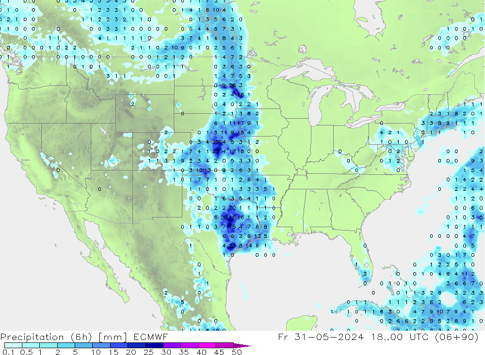 Totale neerslag (6h) ECMWF vr 31.05.2024 00 UTC