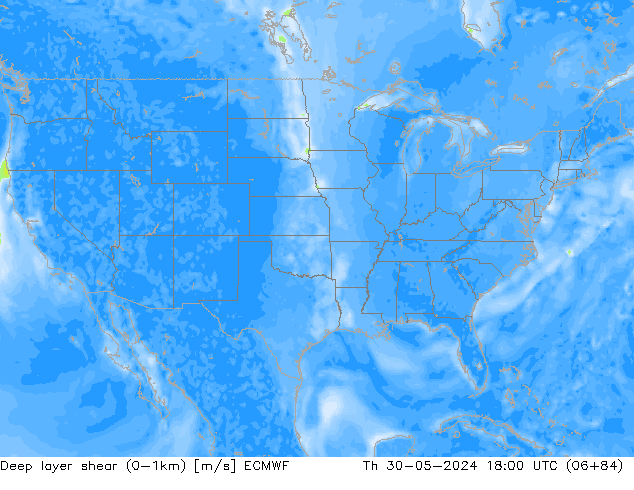 Deep layer shear (0-1km) ECMWF jeu 30.05.2024 18 UTC