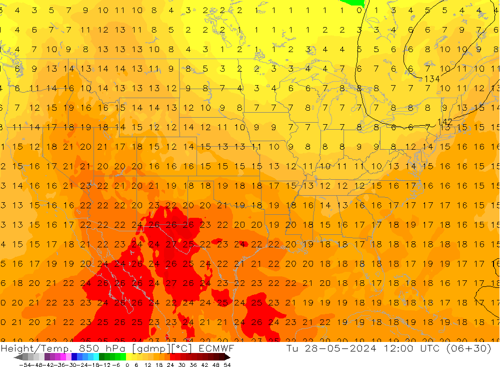 Z500/Rain (+SLP)/Z850 ECMWF Út 28.05.2024 12 UTC