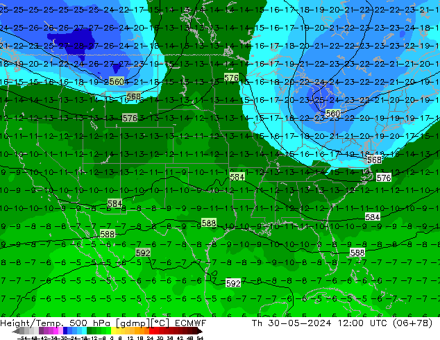 Z500/Rain (+SLP)/Z850 ECMWF Th 30.05.2024 12 UTC