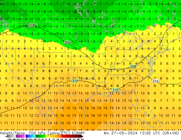 Height/Temp. 700 hPa ECMWF lun 27.05.2024 12 UTC