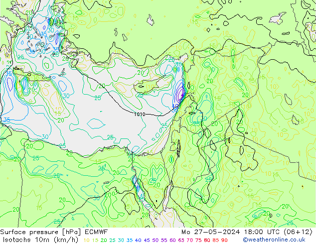 Isotachs (kph) ECMWF Po 27.05.2024 18 UTC