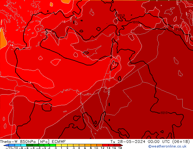 Theta-W 850гПа ECMWF вт 28.05.2024 00 UTC