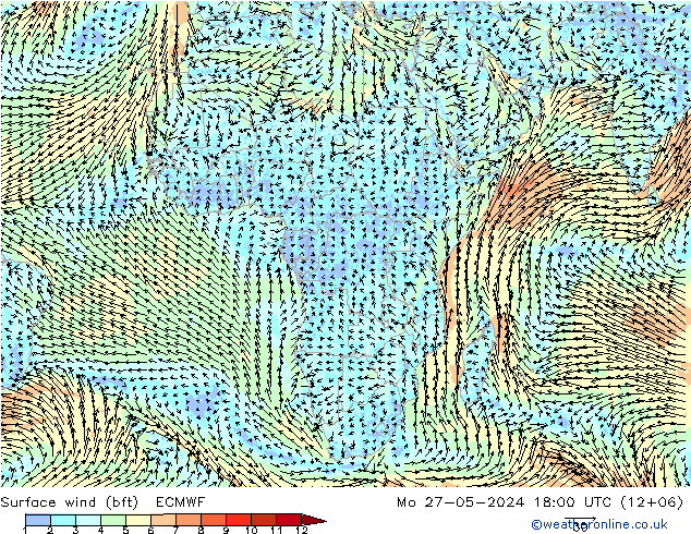 Surface wind (bft) ECMWF Po 27.05.2024 18 UTC