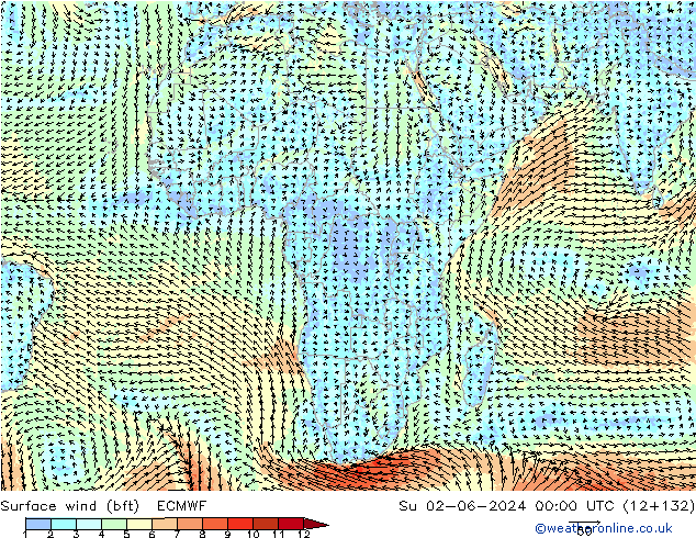 Rüzgar 10 m (bft) ECMWF Paz 02.06.2024 00 UTC