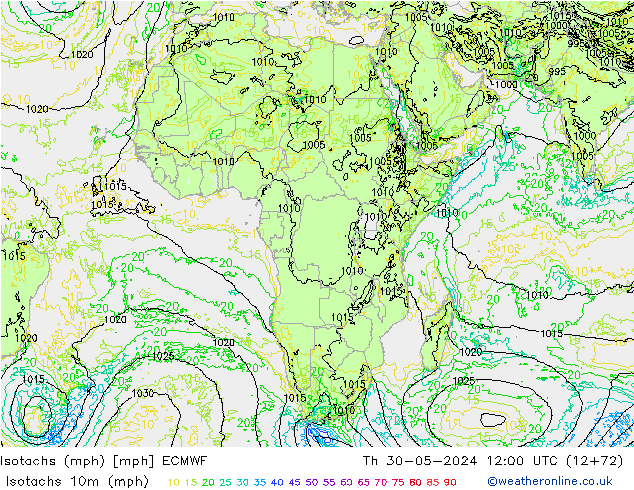 Isotachen (mph) ECMWF do 30.05.2024 12 UTC