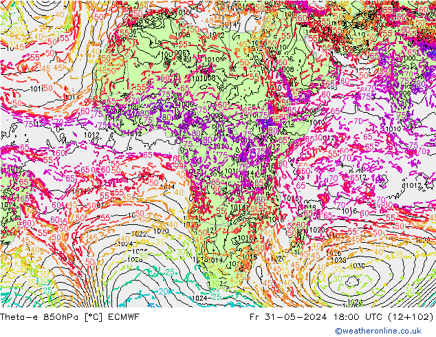 Theta-e 850hPa ECMWF ven 31.05.2024 18 UTC