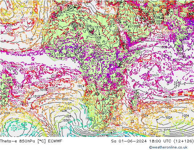 Theta-e 850hPa ECMWF sáb 01.06.2024 18 UTC