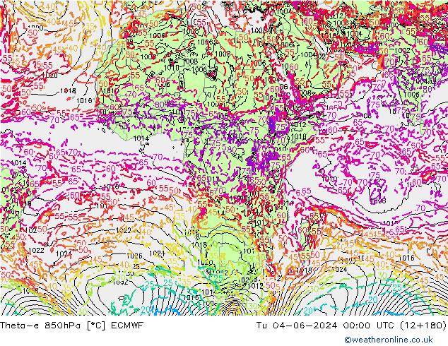 Theta-e 850hPa ECMWF Tu 04.06.2024 00 UTC