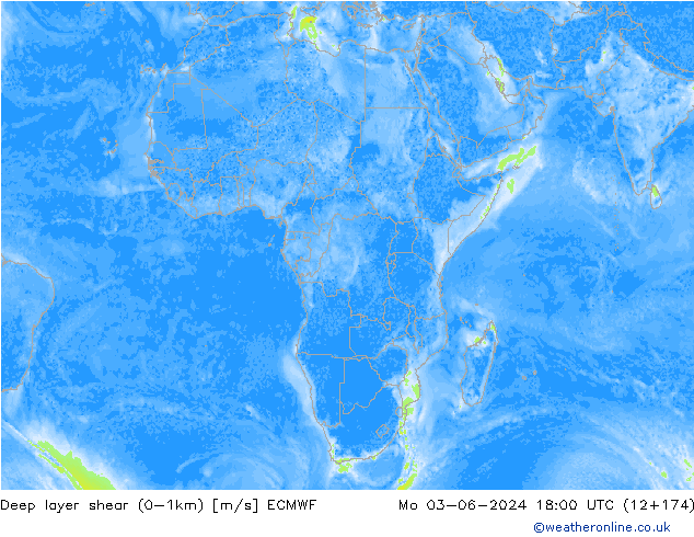 Deep layer shear (0-1km) ECMWF Mo 03.06.2024 18 UTC