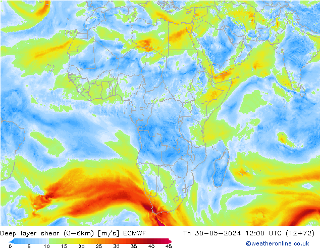 Deep layer shear (0-6km) ECMWF Qui 30.05.2024 12 UTC