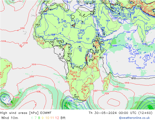 High wind areas ECMWF чт 30.05.2024 00 UTC