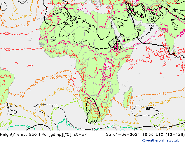 Height/Temp. 850 hPa ECMWF So 01.06.2024 18 UTC