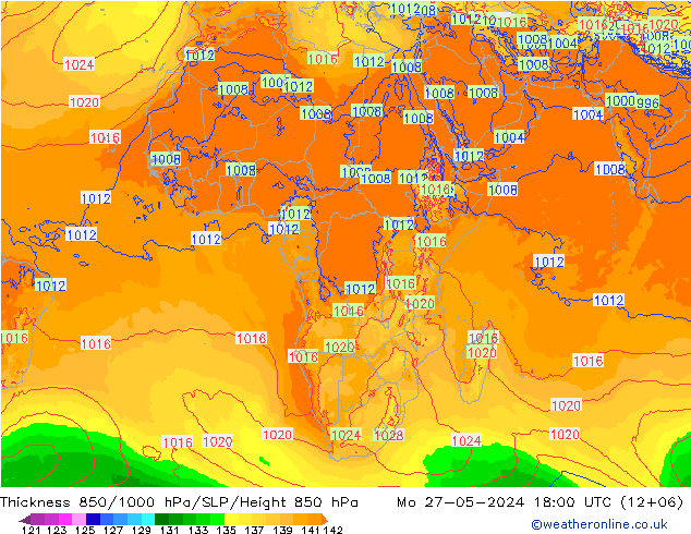 Espesor 850-1000 hPa ECMWF lun 27.05.2024 18 UTC