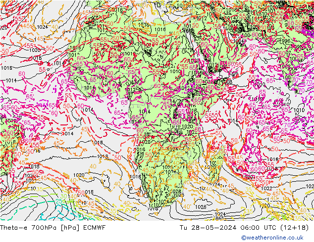 Theta-e 700hPa ECMWF wto. 28.05.2024 06 UTC