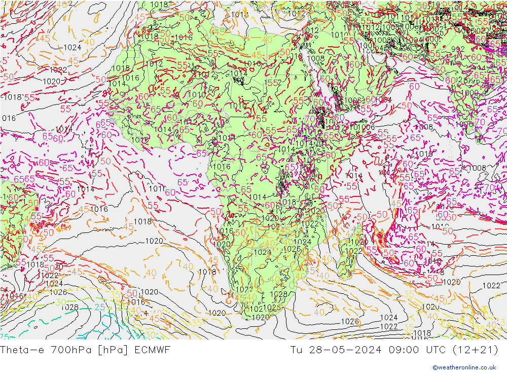 Theta-e 700hPa ECMWF mar 28.05.2024 09 UTC