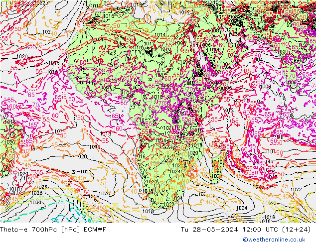 Theta-e 700hPa ECMWF mar 28.05.2024 12 UTC