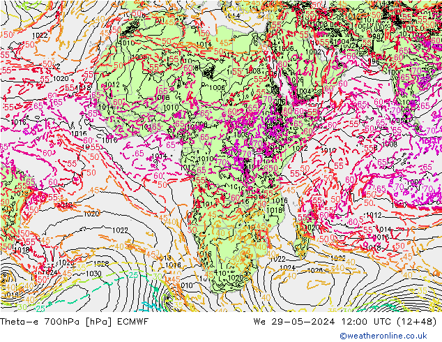 Theta-e 700hPa ECMWF We 29.05.2024 12 UTC