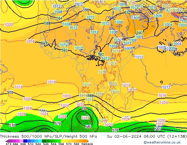 Dikte 500-1000hPa ECMWF zo 02.06.2024 06 UTC