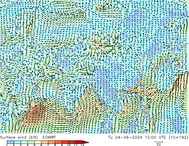 Rüzgar 10 m (bft) ECMWF Sa 04.06.2024 12 UTC