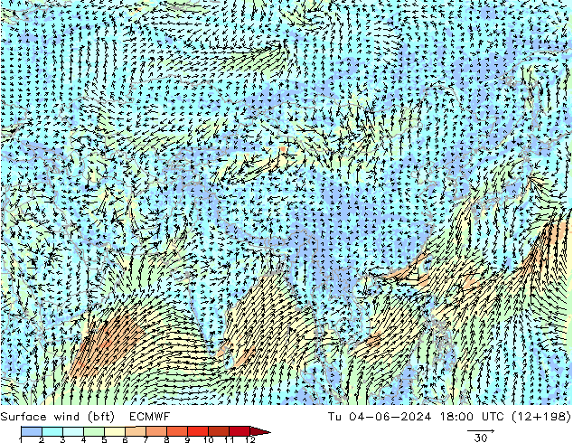 Vent 10 m (bft) ECMWF mar 04.06.2024 18 UTC