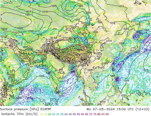 Izotacha (km/godz) ECMWF pon. 27.05.2024 15 UTC