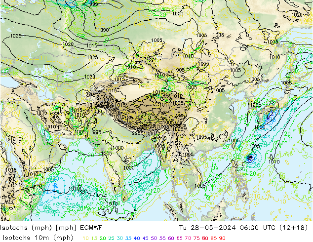 Isotachs (mph) ECMWF вт 28.05.2024 06 UTC